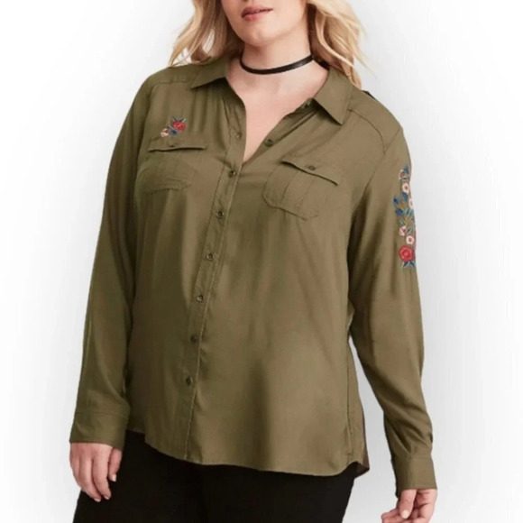Torrid Green Embroidered Twill Button Shirt - Picture 1 of 11